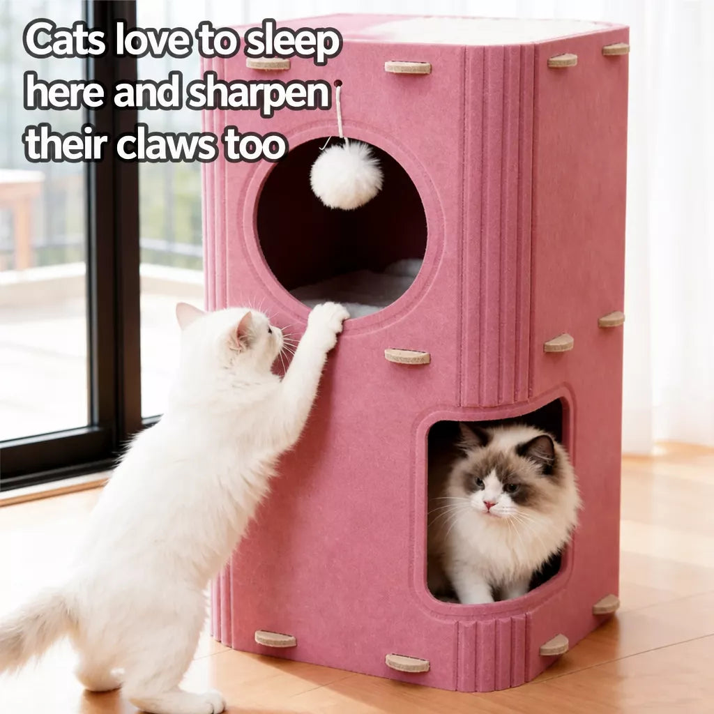 4-Tier Solid Wood Cat Tree with Enclosed House and Scratching Board