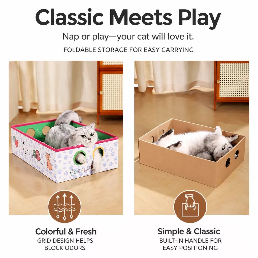 Corrugated Cardboard Cat House with Integrated Scratcher