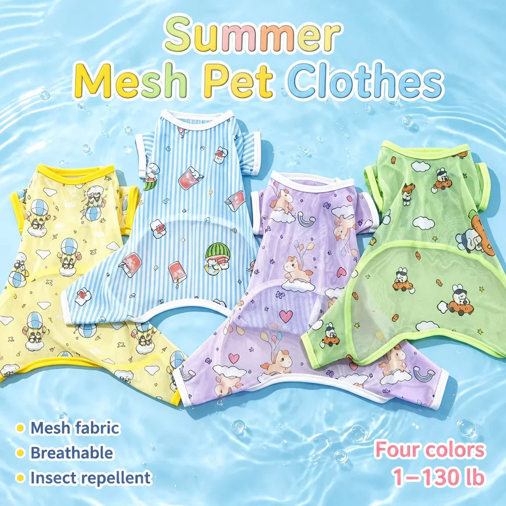 Summer Mesh Four-Leg Dog Outfit with Cartoon Print
