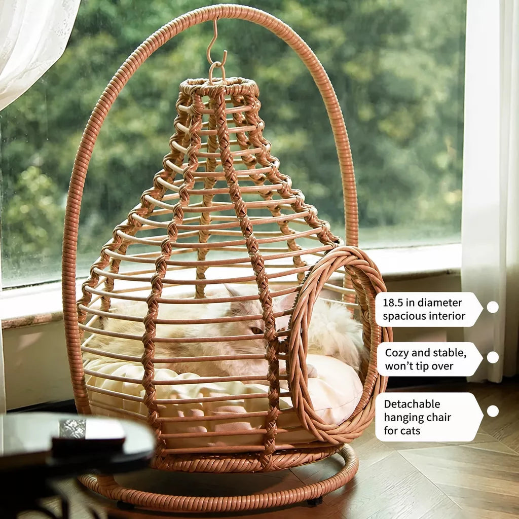 Handwoven Rattan Hanging Pet Bed with Cushion