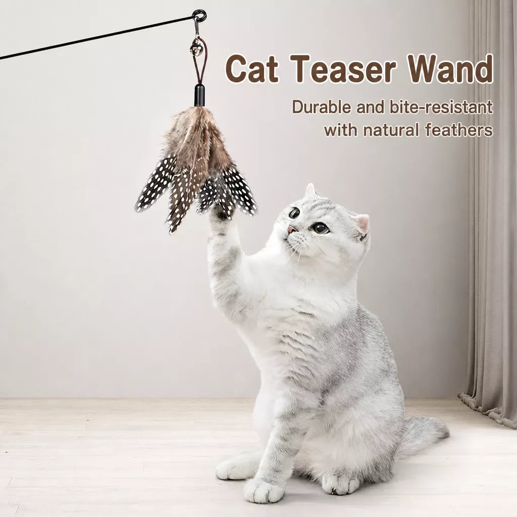 Wooden Cat Teaser Wand with Detachable Feather Bell Attachment