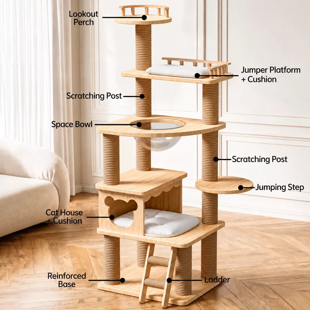 Solid Wood Cat Tree with Hideaways and Climbing Platforms