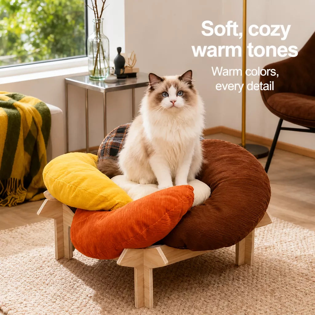 Flower-Shaped Pet Bed with Wooden Stand for Cats & Small Dogs