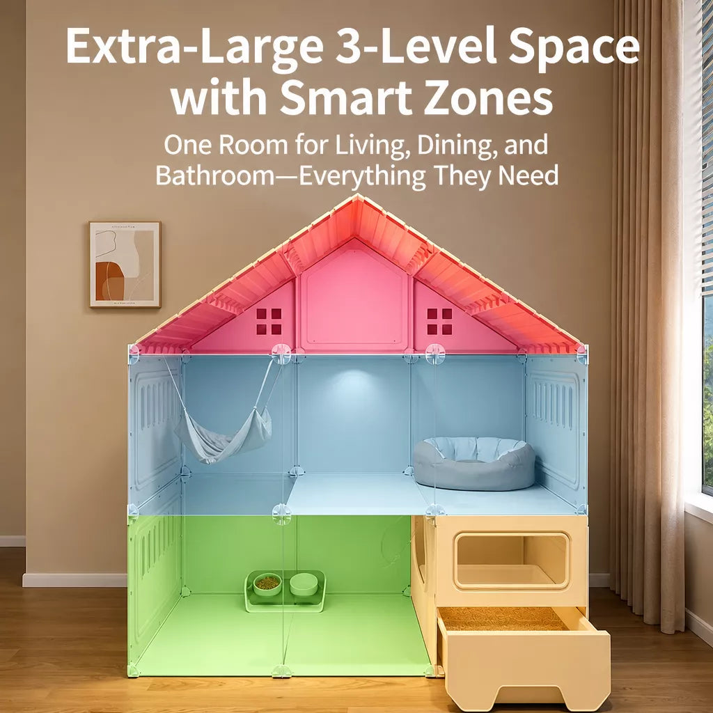 Multi-Level Cat House with Litter Box Area