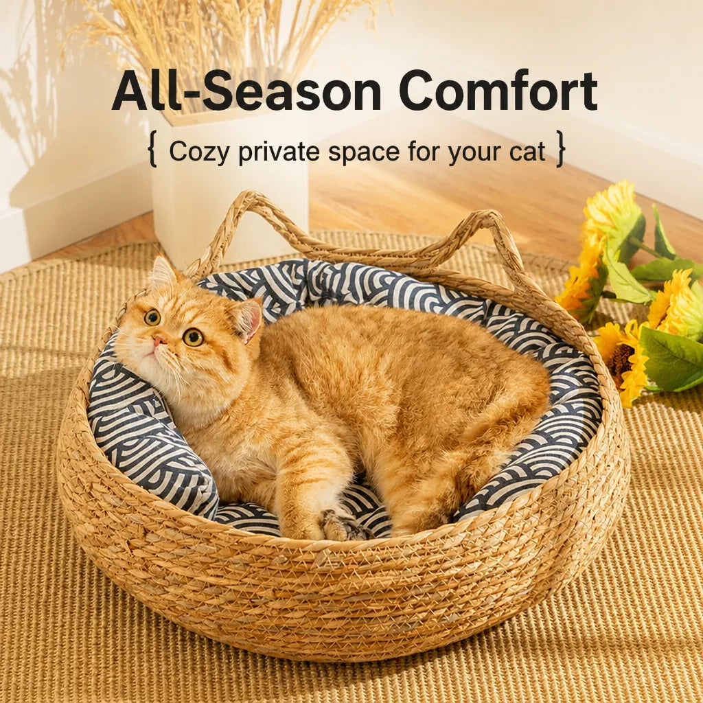 Woven Rattan Cat Bed with Cat-Ear Design