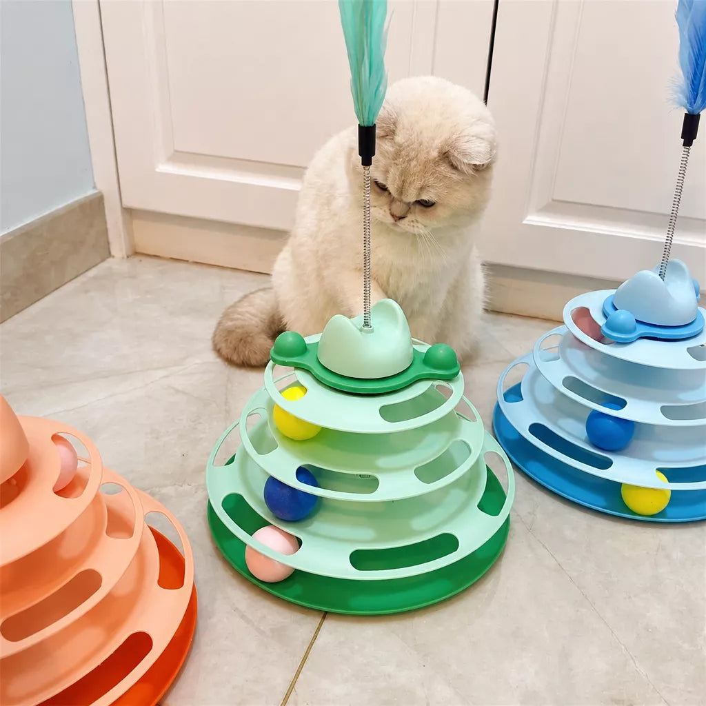 Cat Turntable Toy with Feather Wand and Colorful Balls