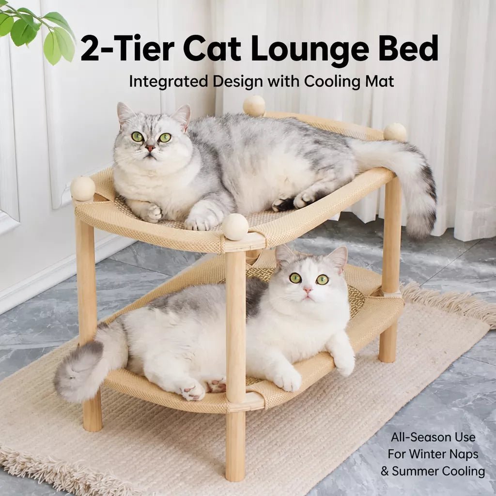 Two-Tier Wooden Cat Bed with Sisal Scratcher and Woven Mats