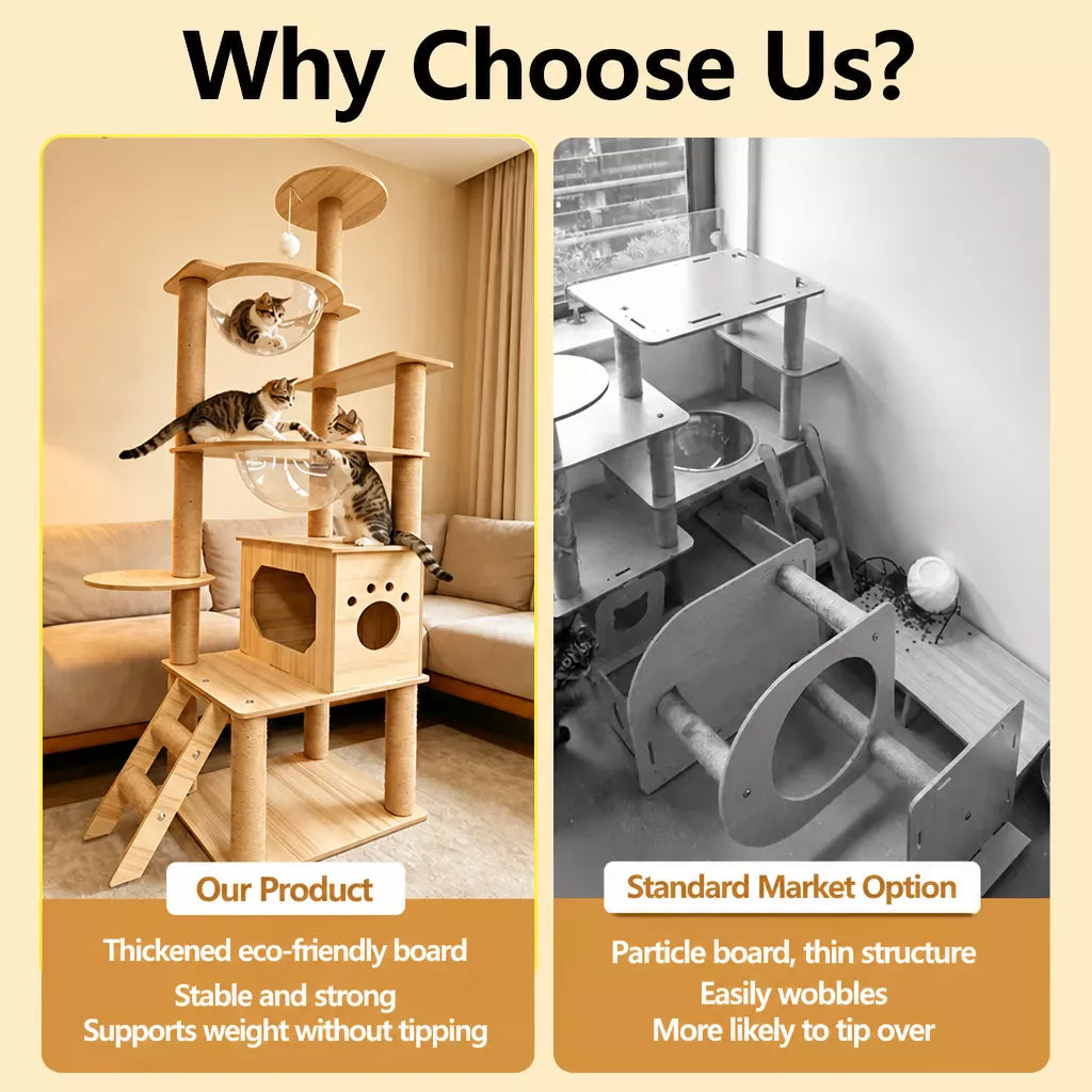 Large Wooden Cat Tree with Cat House, Scratching Post & Capsule Perch