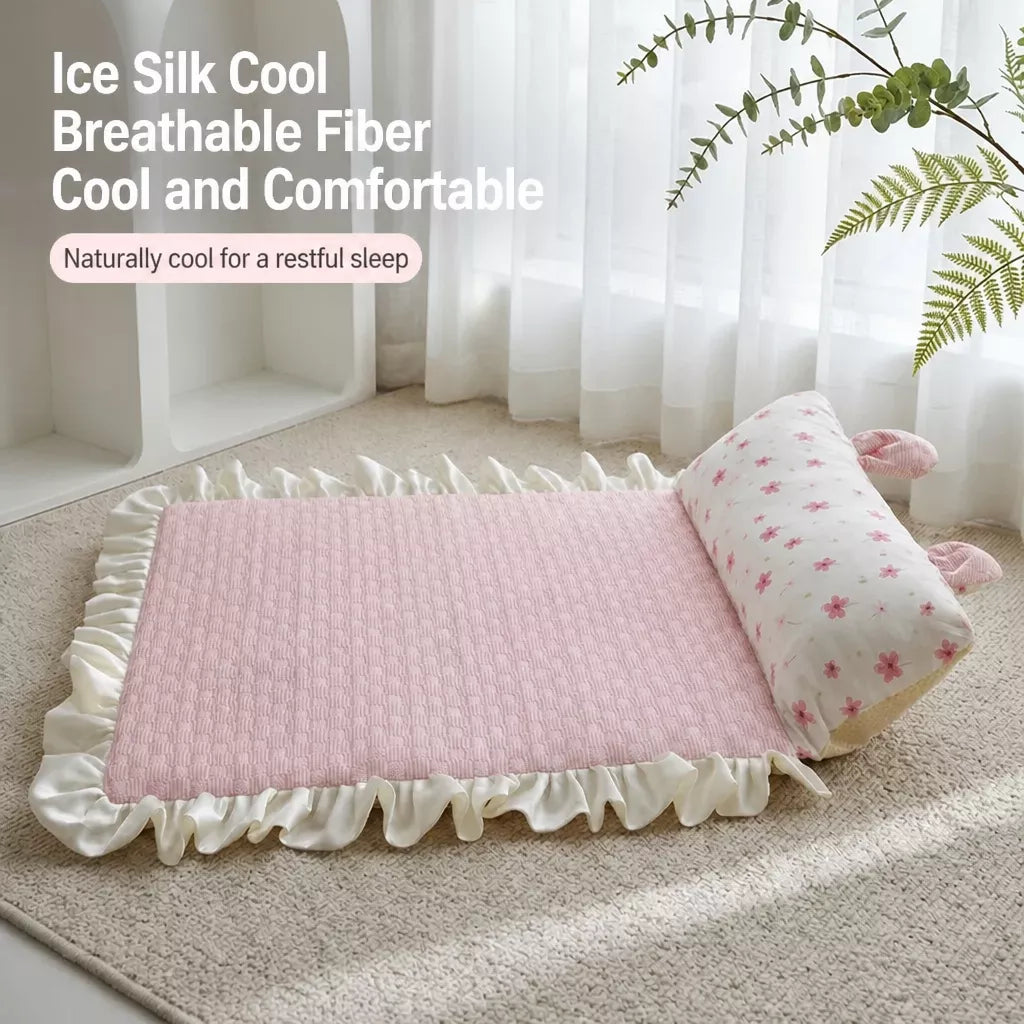 Pet Bed Mat with Bunny-Ear Pillow for Cats and Dogs