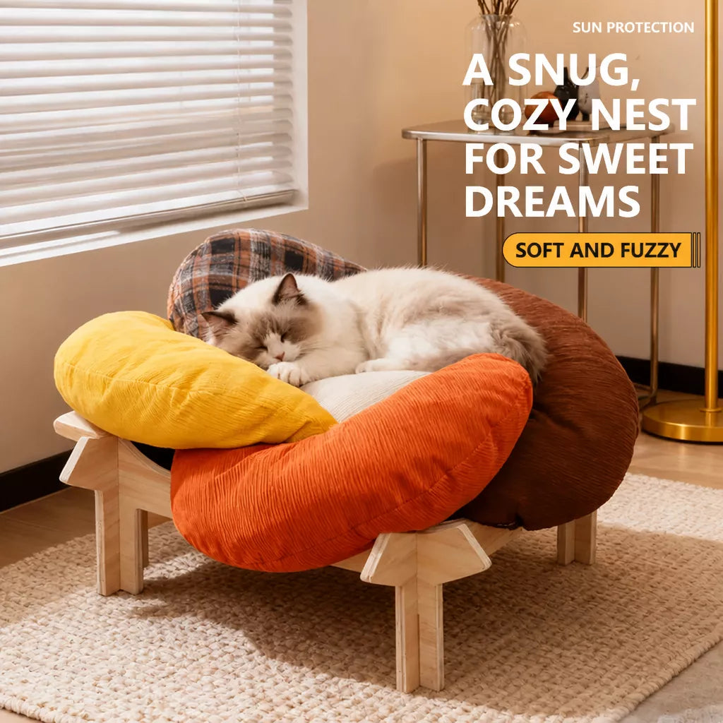 Flower-Shaped Pet Bed with Wooden Stand for Cats & Small Dogs
