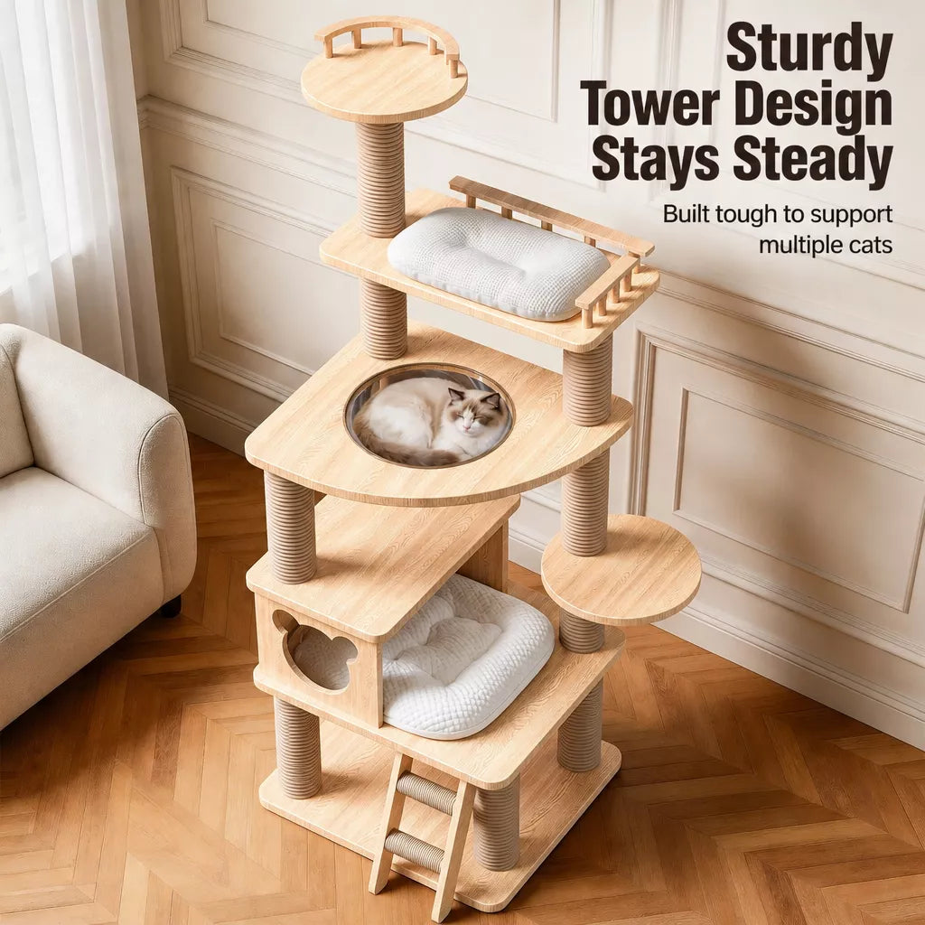 Solid Wood Cat Tree with Hideaways and Climbing Platforms
