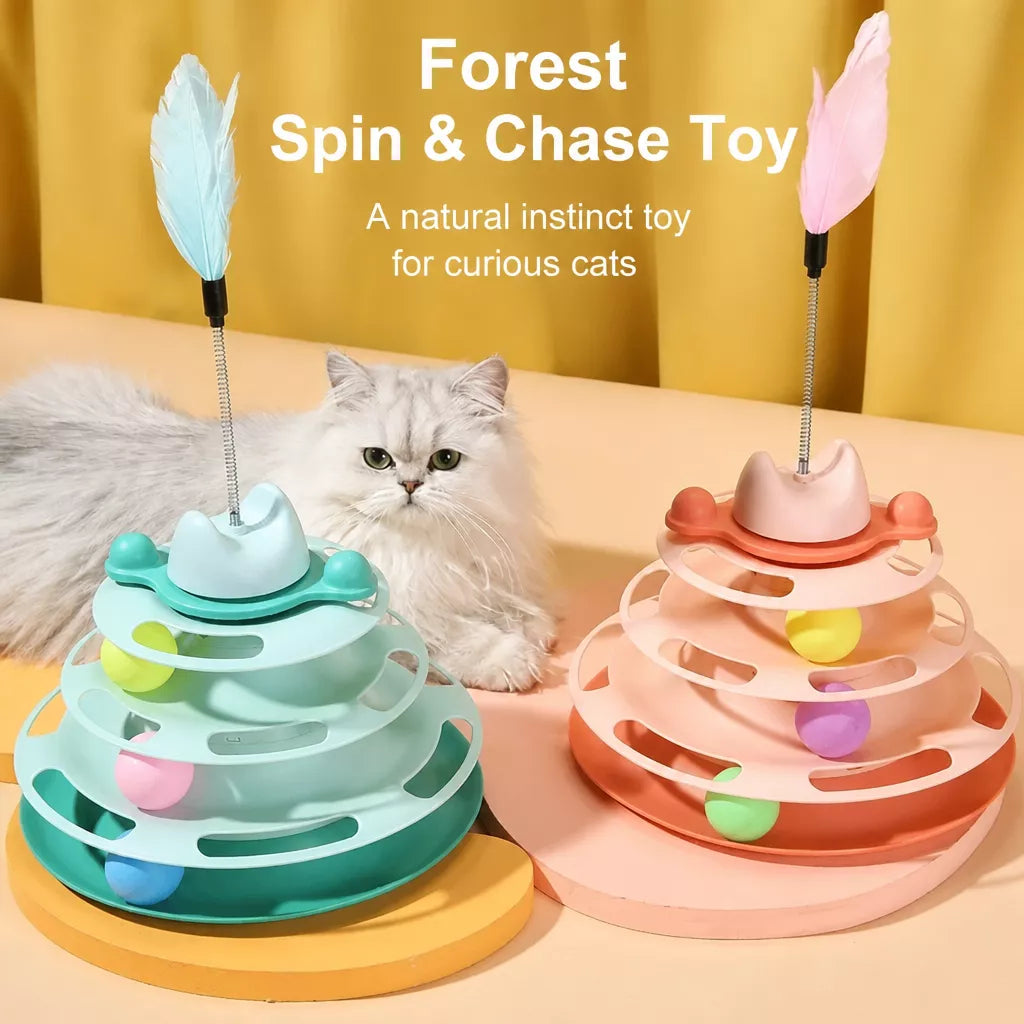 Cat Turntable Toy with Feather Wand and Colorful Balls