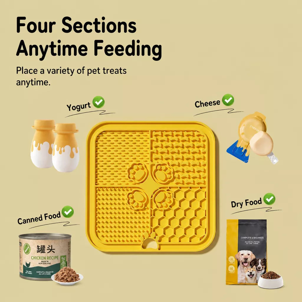 4-Compartment Silicone Lick Mat for Dogs with Scraper, 7.9 × 7.9 in