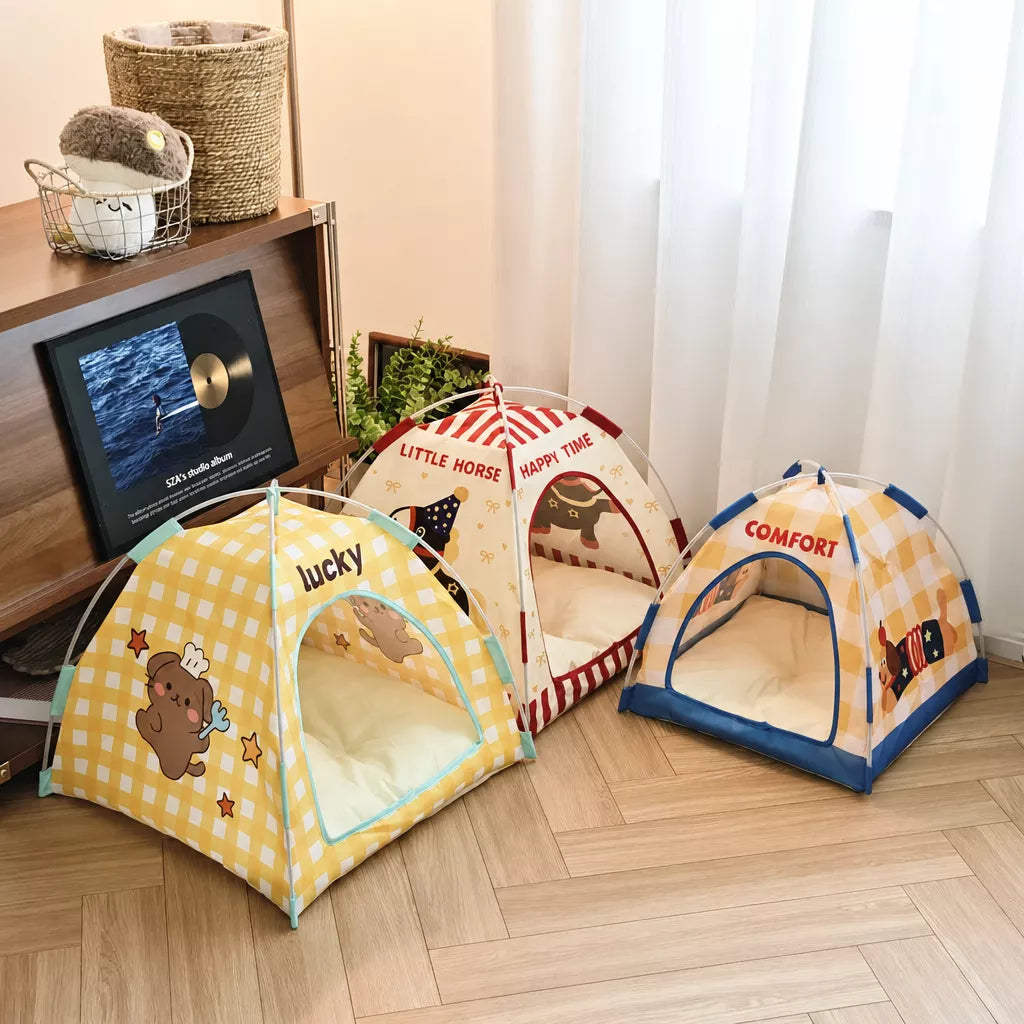 Semi-Enclosed Foldable Pet Tent Bed for Cats and Small Dogs