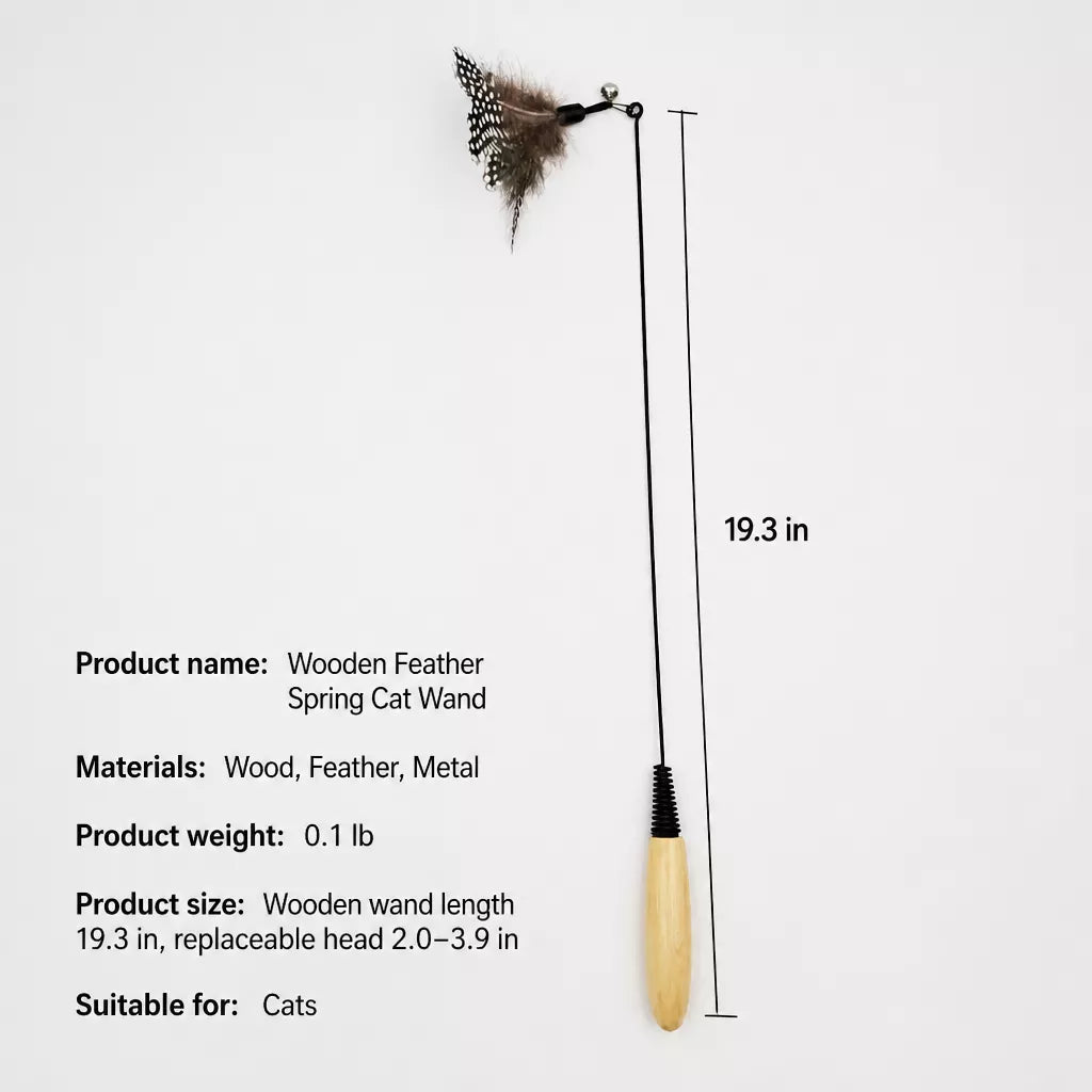 Wooden Cat Teaser Wand with Detachable Feather Bell Attachment