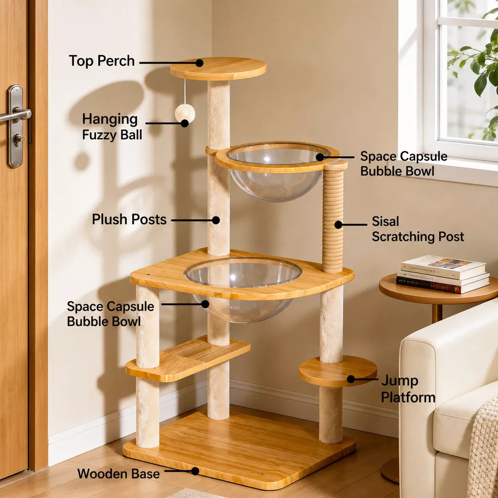 Solid Wood Cat Tree with Enclosed Cat Spaces and Platforms