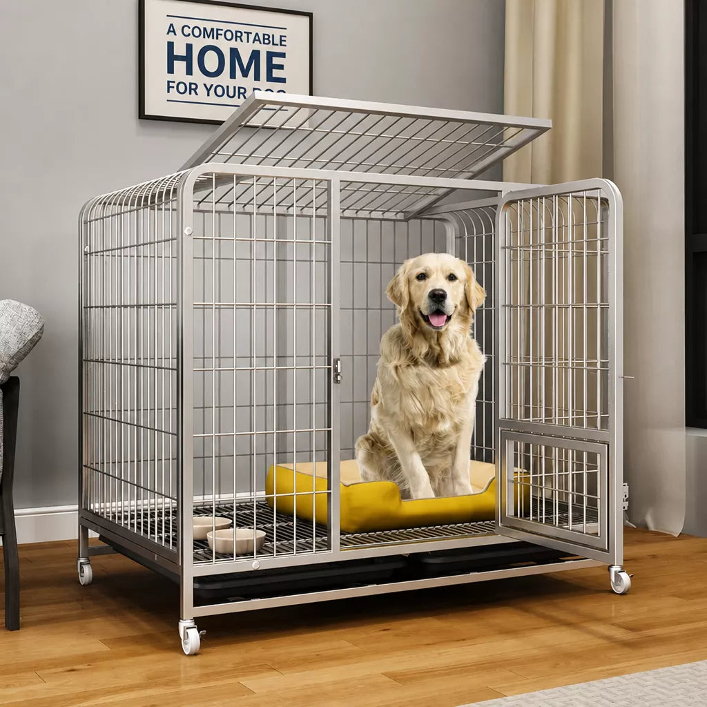 Reinforced Metal Dog Crate with Floor Tray for Medium to Large Dogs