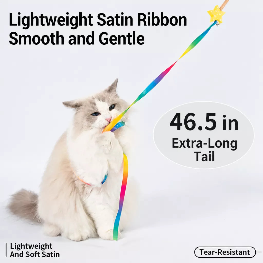 Wooden Cat Wand Toy with Bell and Feather Charms