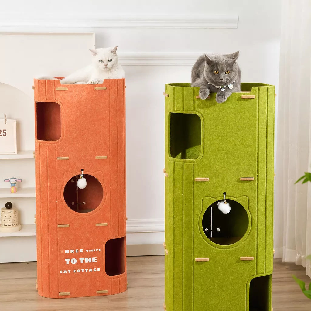 Multi-Level Felt Cat Tree with Enclosed Hideaway