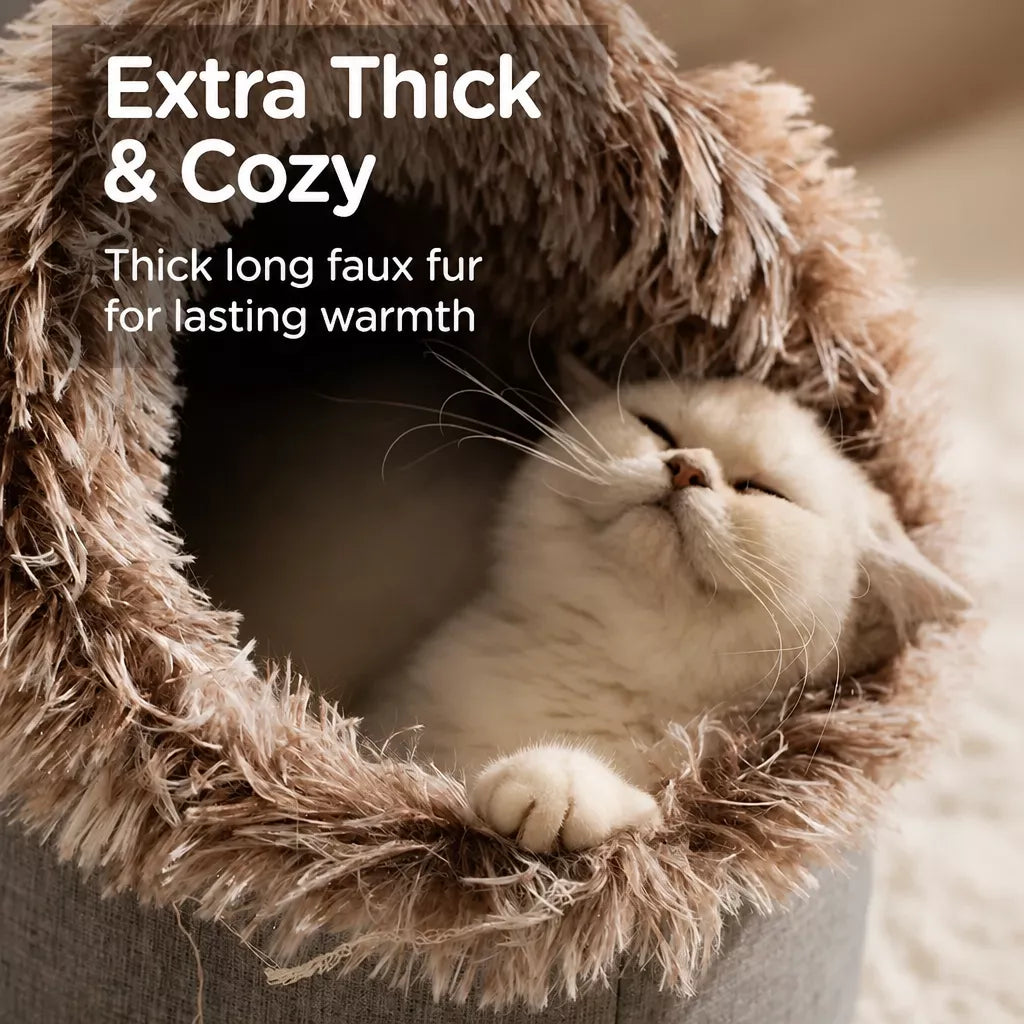 Enclosed Plush Pet Bed with Carry Handle for Cats & Small Dogs
