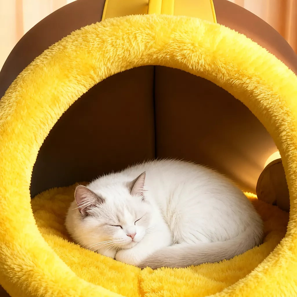 Enclosed Plush Pet Bed with Carry Handle for Cats and Small Dogs