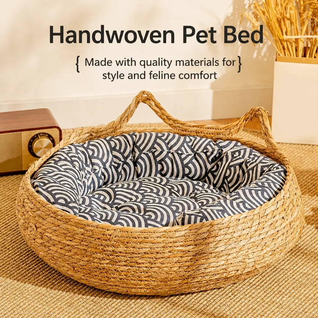 Woven Rattan Cat Bed with Cat-Ear Design
