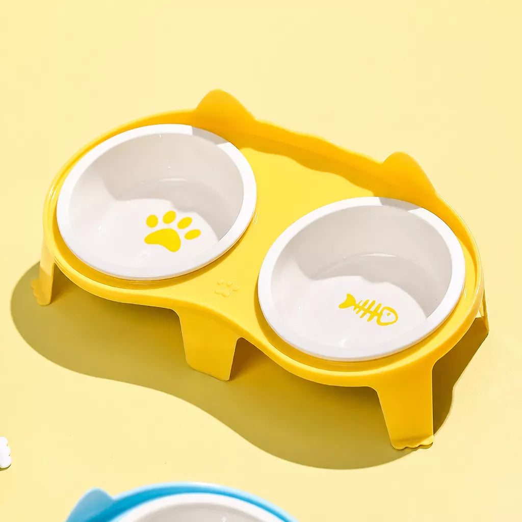 Ceramic Double Cat Bowls with Stand