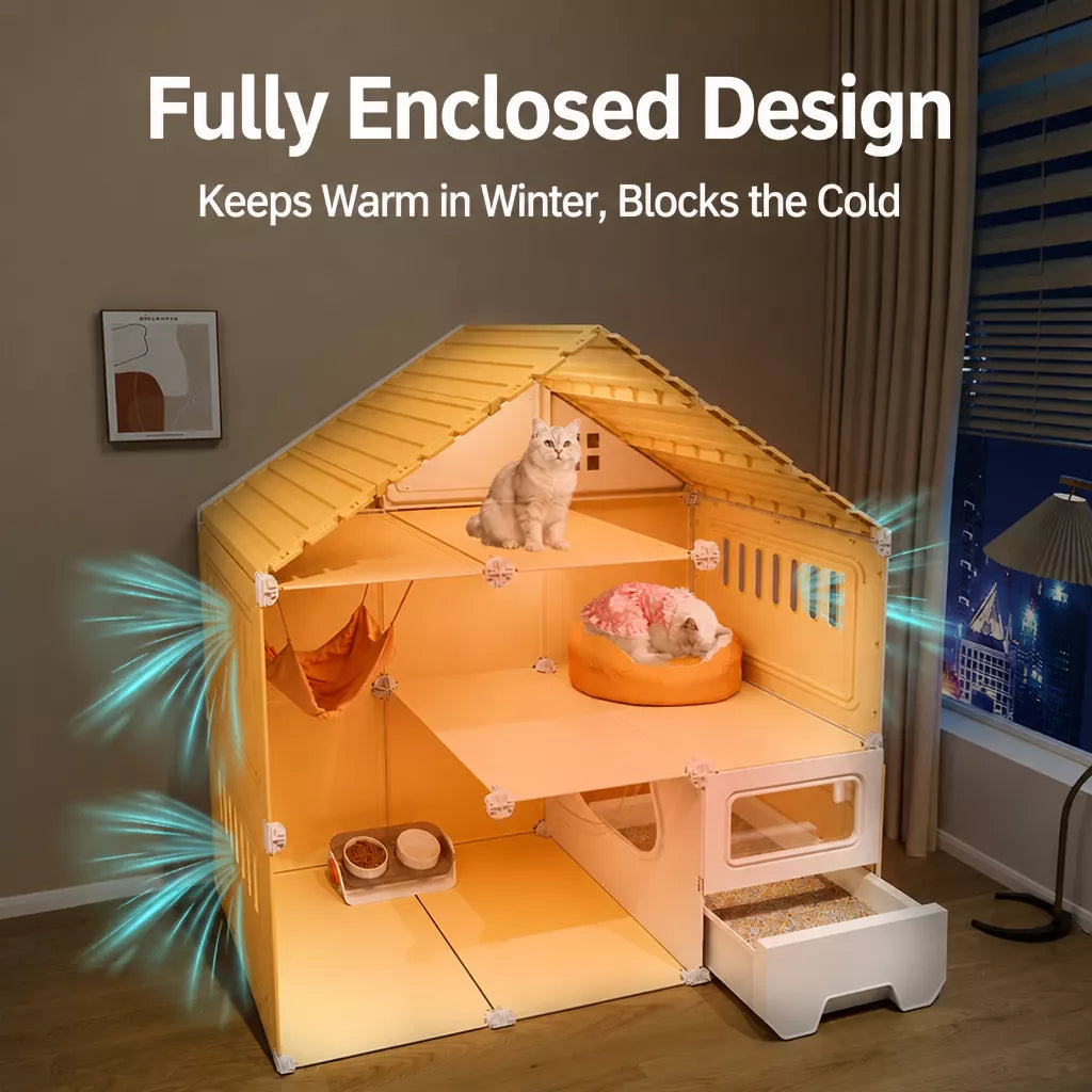 Multi-Level Cat House with Litter Box Area
