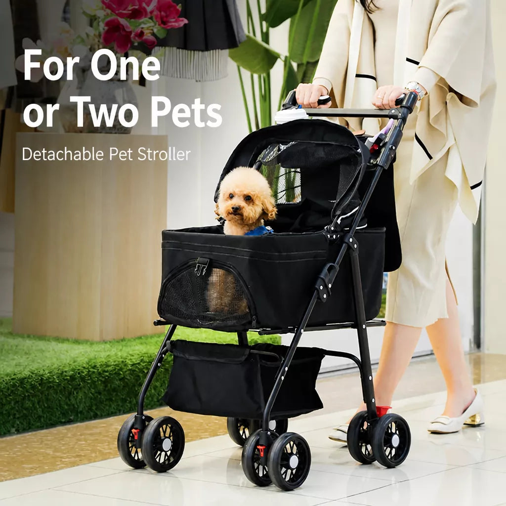 Foldable Pet Stroller with Detachable Carrier and Tray