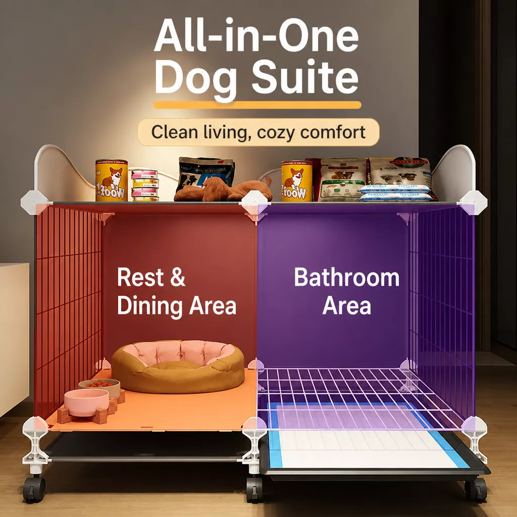 Indoor Dog Crate with Toilet Tray and Separate Living Area