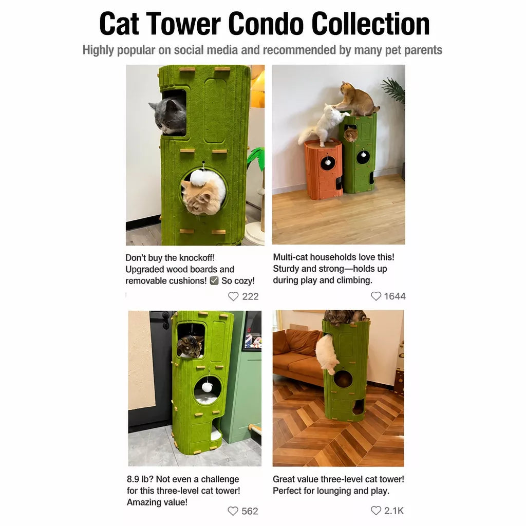 4-Tier Solid Wood Cat Tree with Enclosed House and Scratching Board
