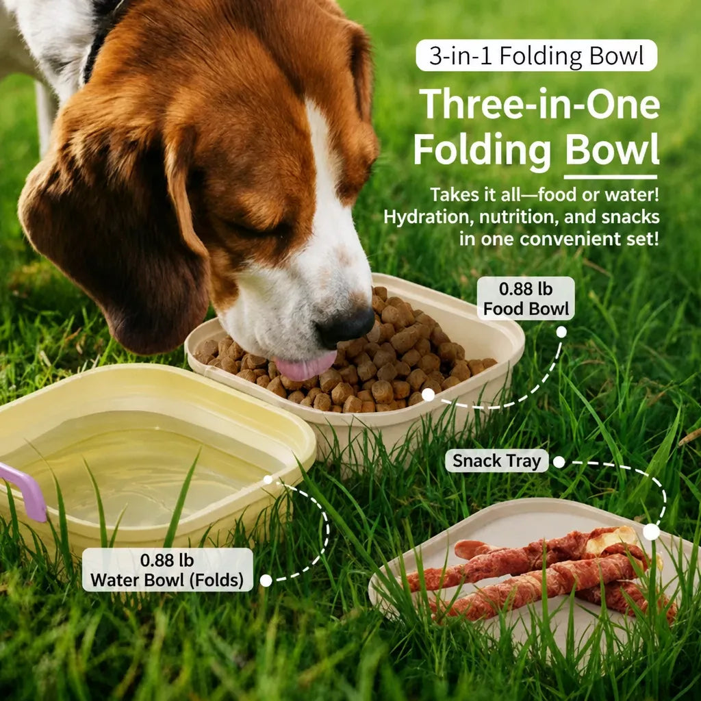 Foldable Double Pet Bowl with Treat Tray, 400 mL Each