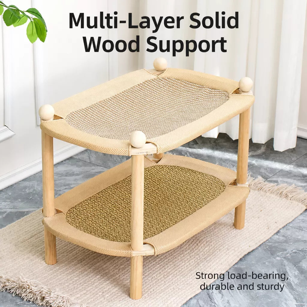 Two-Tier Wooden Cat Bed with Sisal Scratcher and Woven Mats