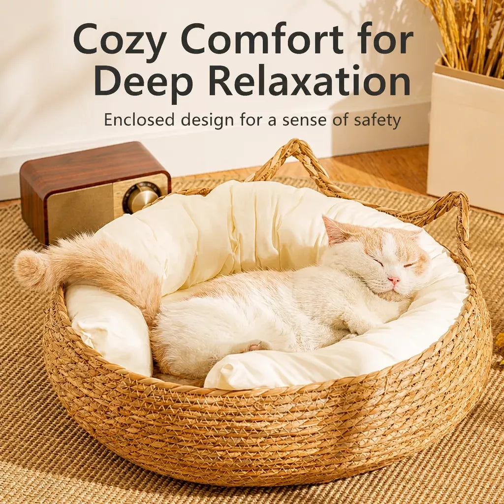 Woven Rattan Cat Bed with Cat-Ear Design
