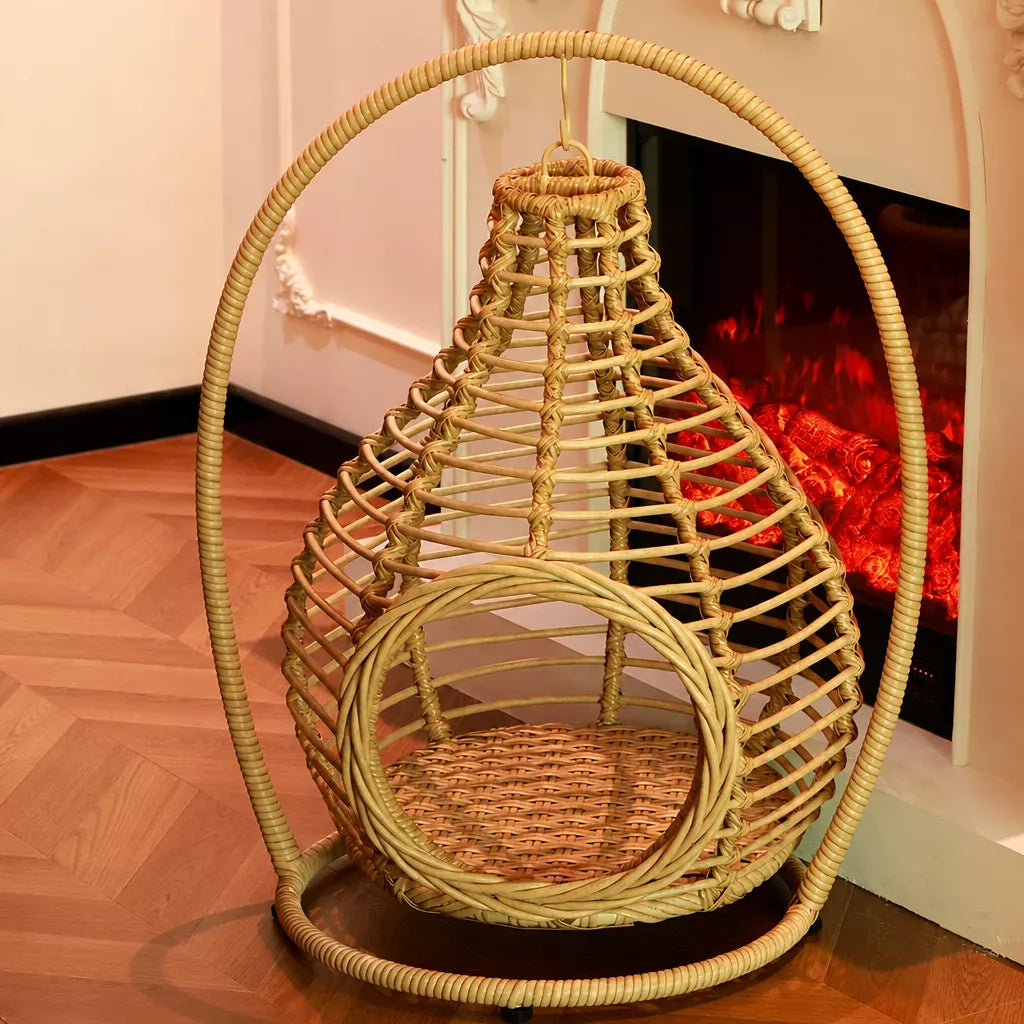 Handwoven Rattan Hanging Pet Bed with Cushion
