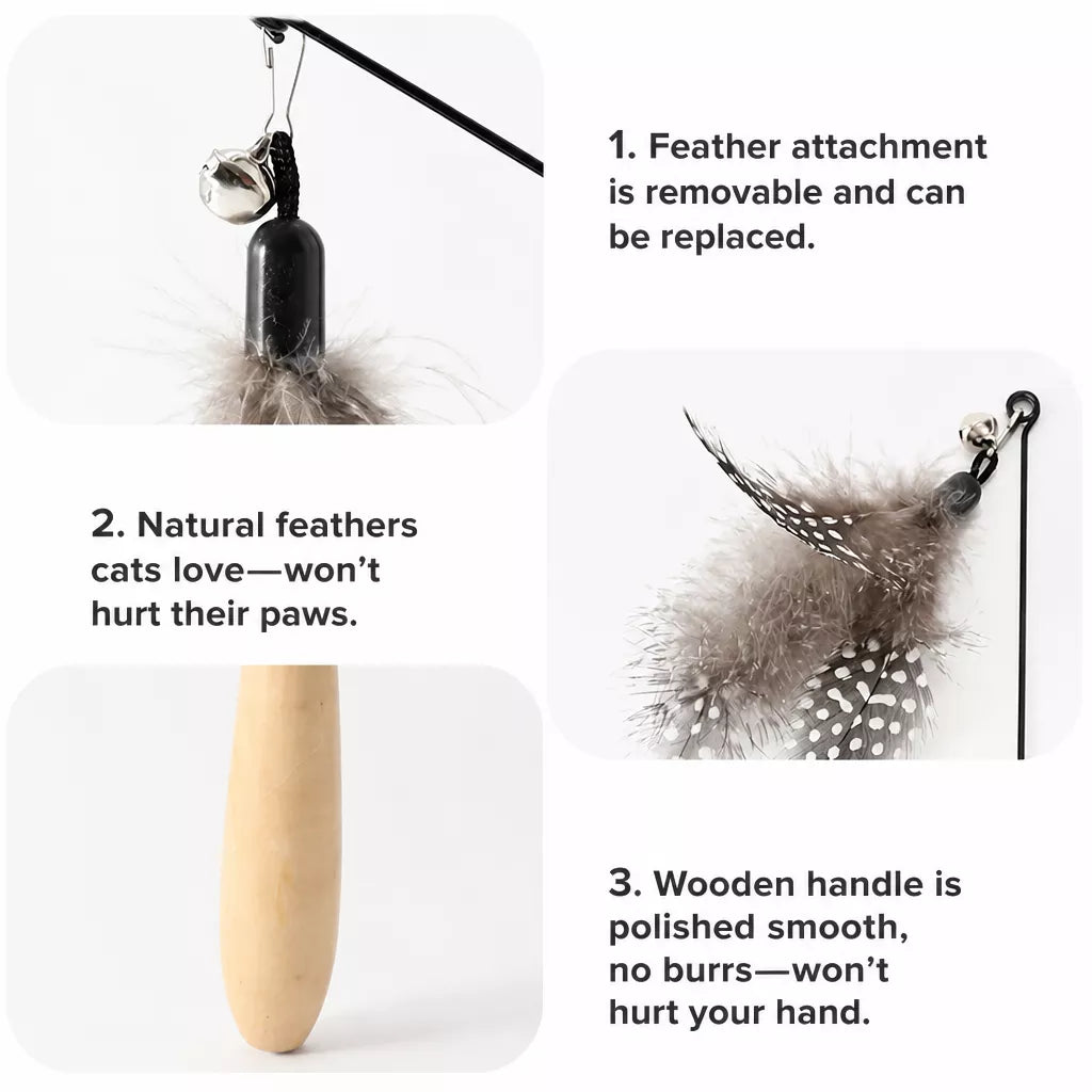Wooden Cat Teaser Wand with Detachable Feather Bell Attachment