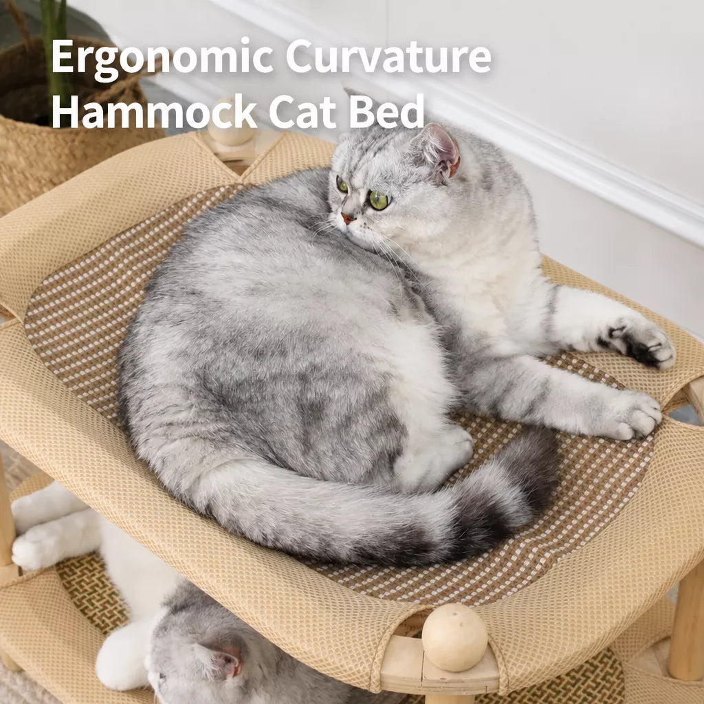 Two-Tier Wooden Cat Bed with Sisal Scratcher and Woven Mats