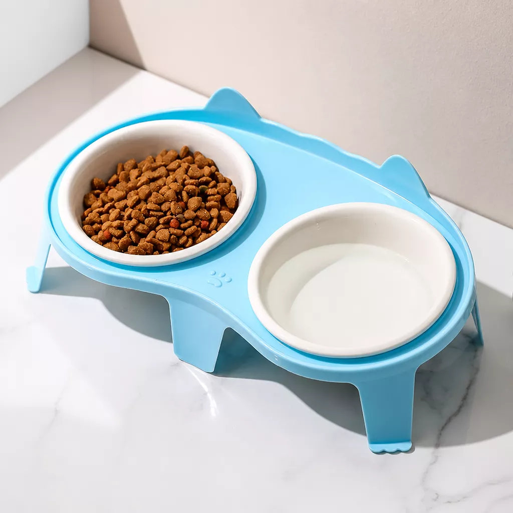 Ceramic Double Cat Bowls with Stand