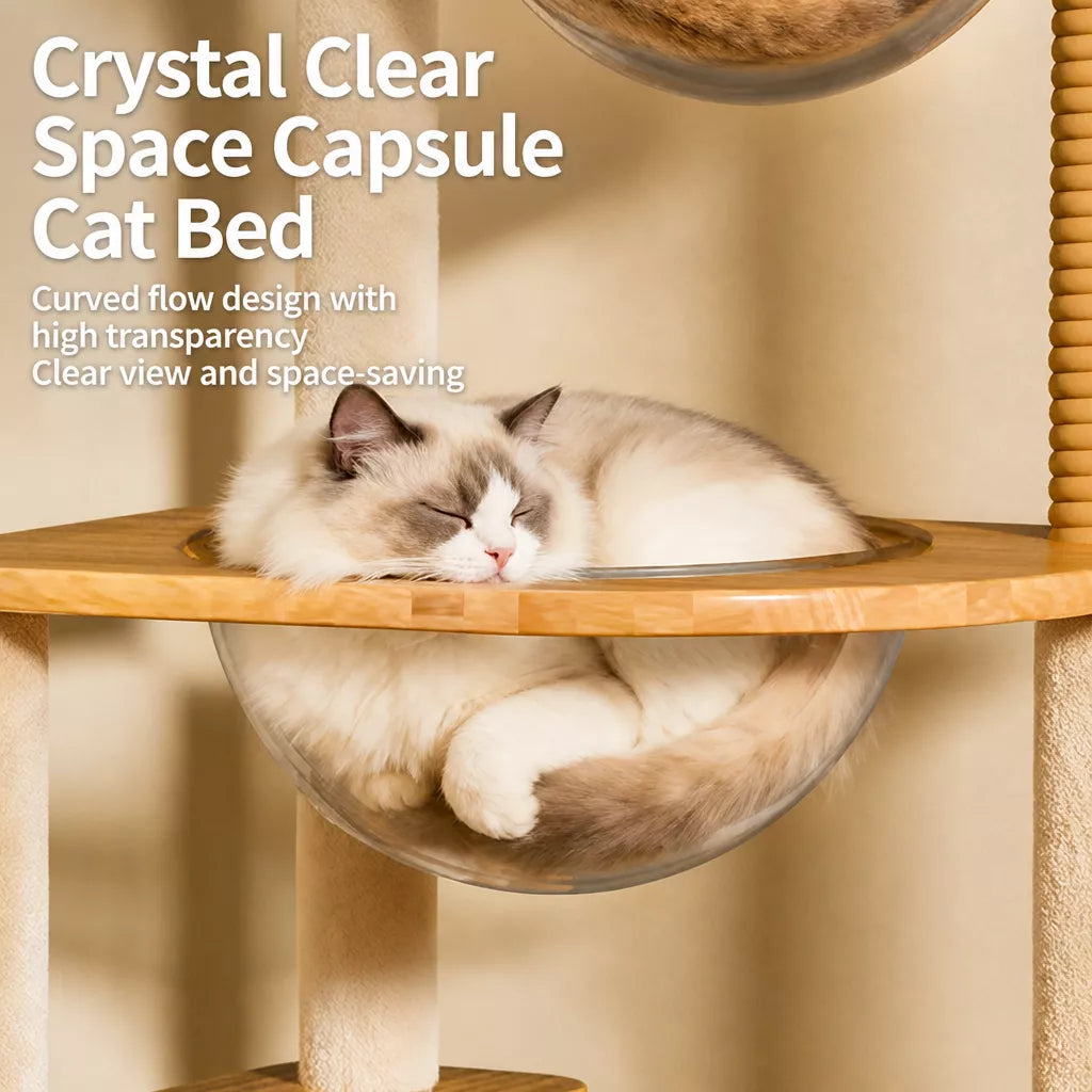 Solid Wood Cat Tree with Enclosed Cat Spaces and Platforms