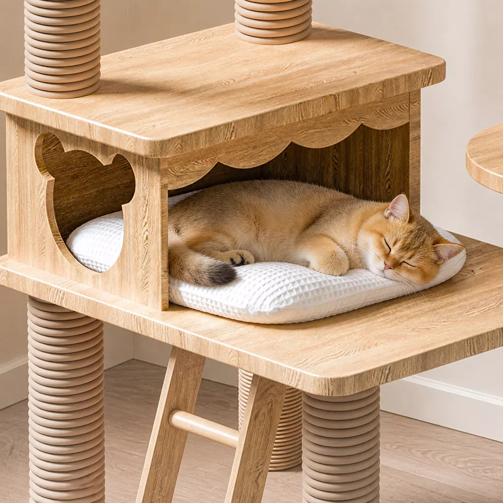 Solid Wood Cat Tree with Hideaways and Climbing Platforms