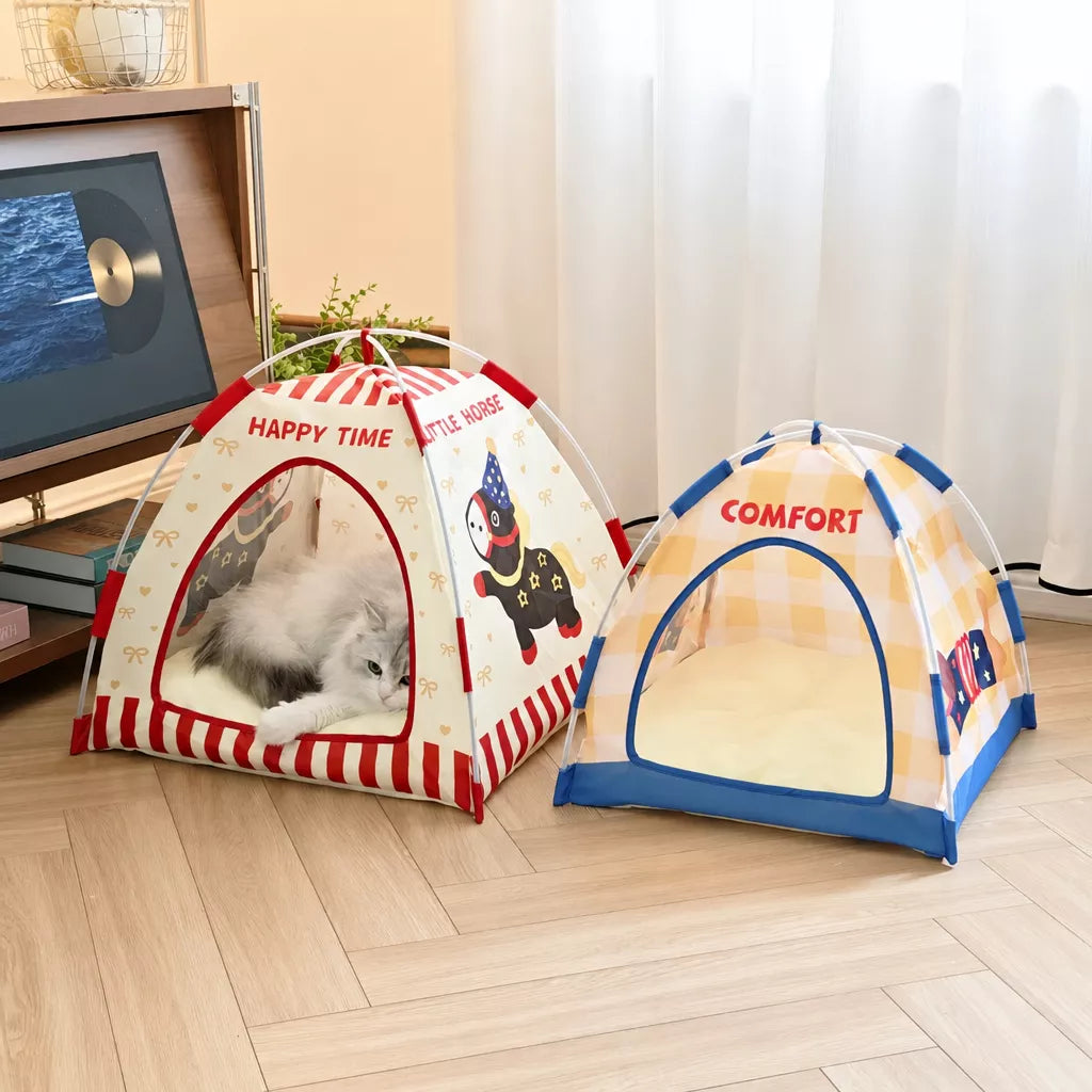 Semi-Enclosed Foldable Pet Tent Bed for Cats and Small Dogs