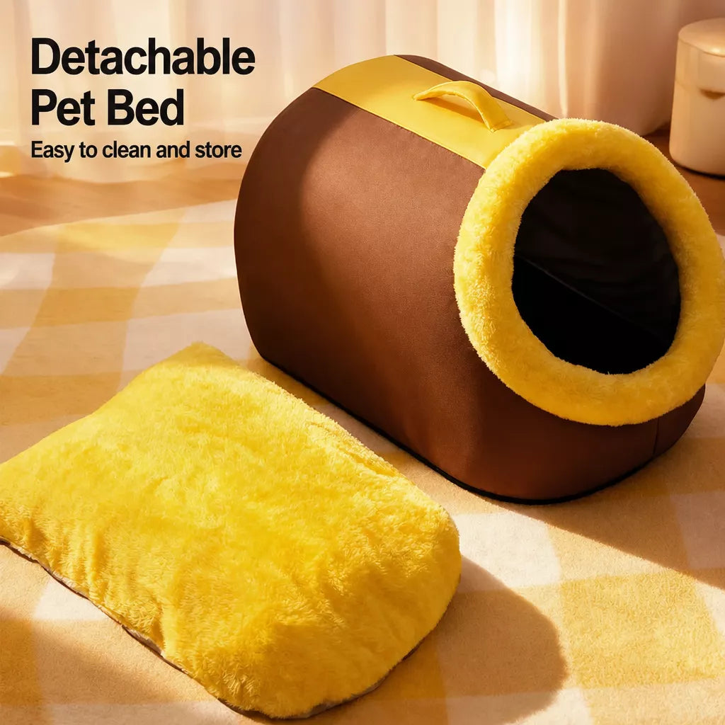 Enclosed Plush Pet Bed with Carry Handle for Cats and Small Dogs