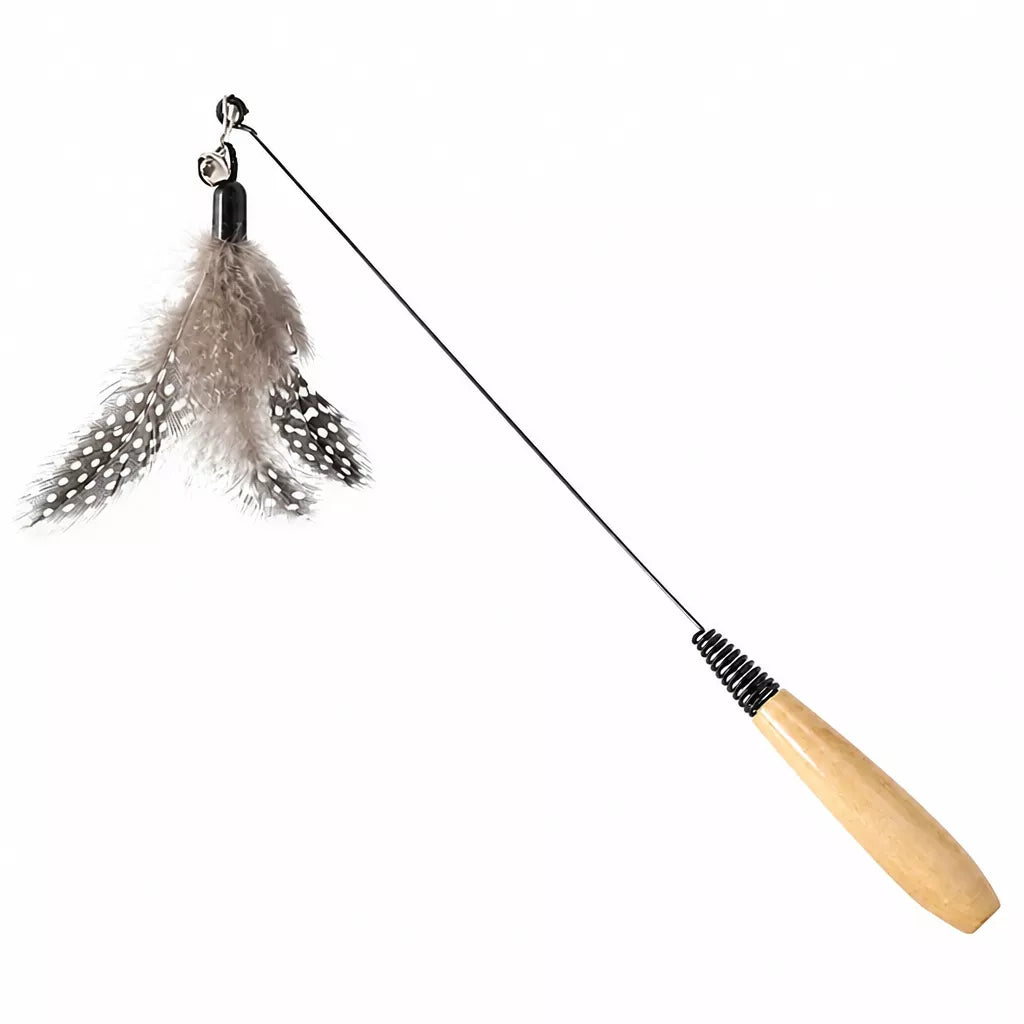 Wooden Cat Teaser Wand with Detachable Feather Bell Attachment