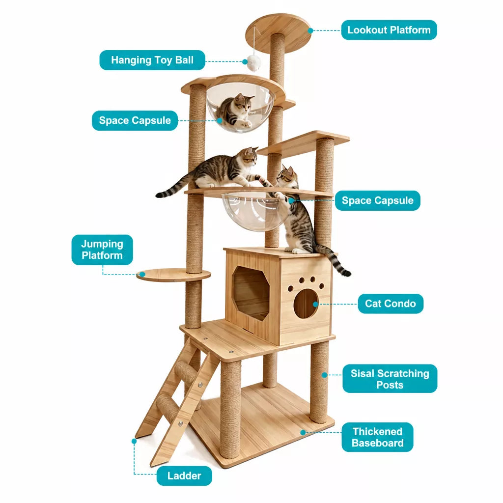 Large Wooden Cat Tree with Cat House, Scratching Post & Capsule Perch