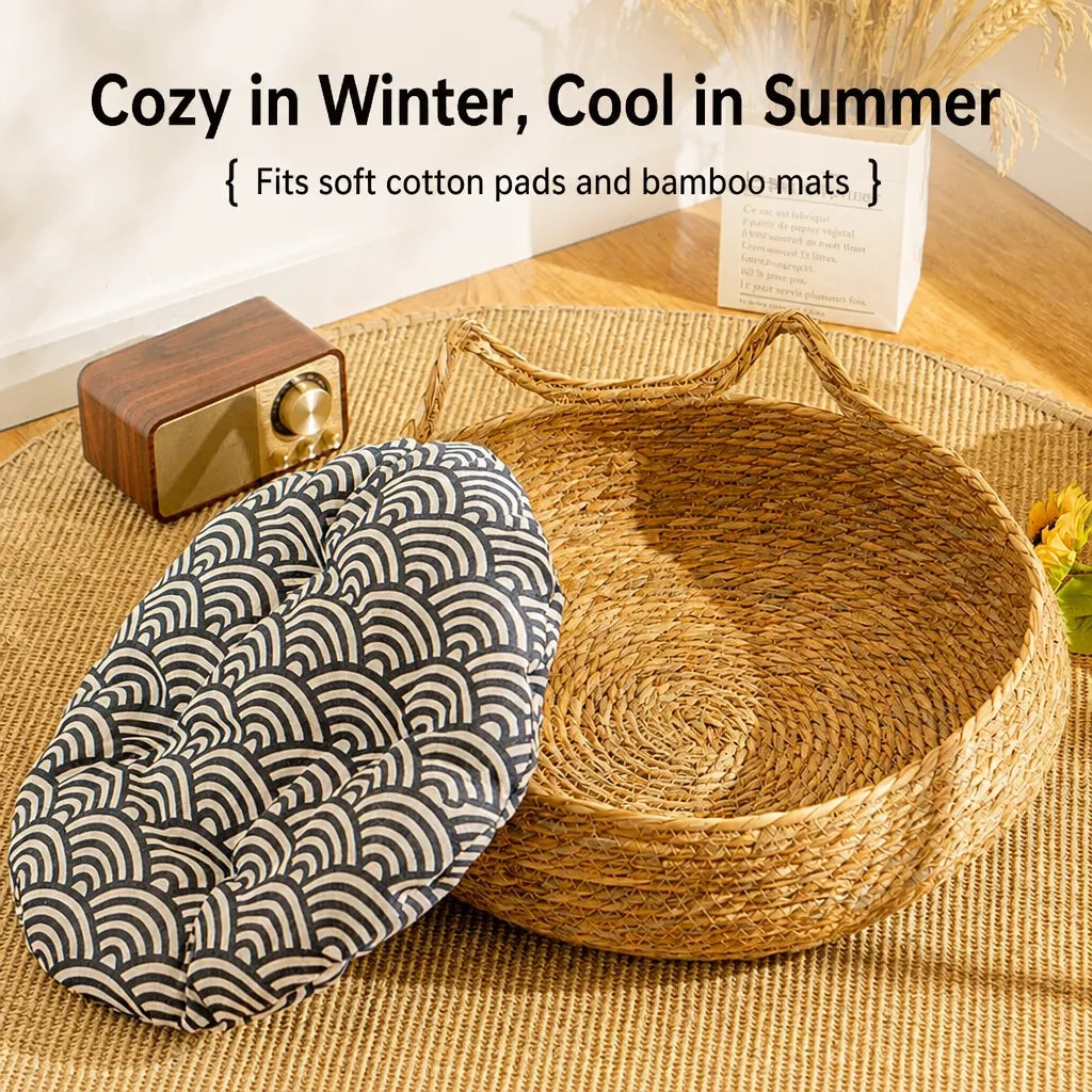 Woven Rattan Cat Bed with Cat-Ear Design