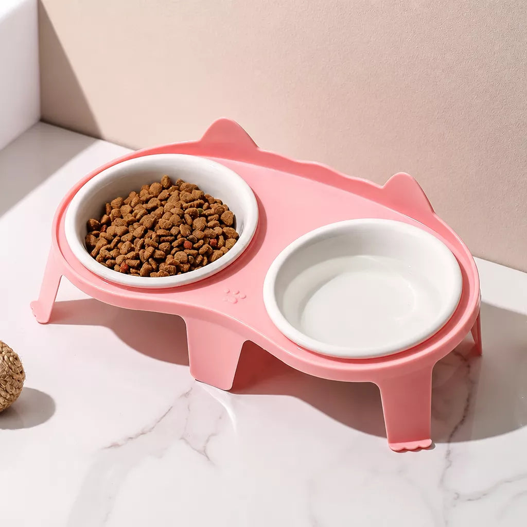 Ceramic Double Cat Bowls with Stand