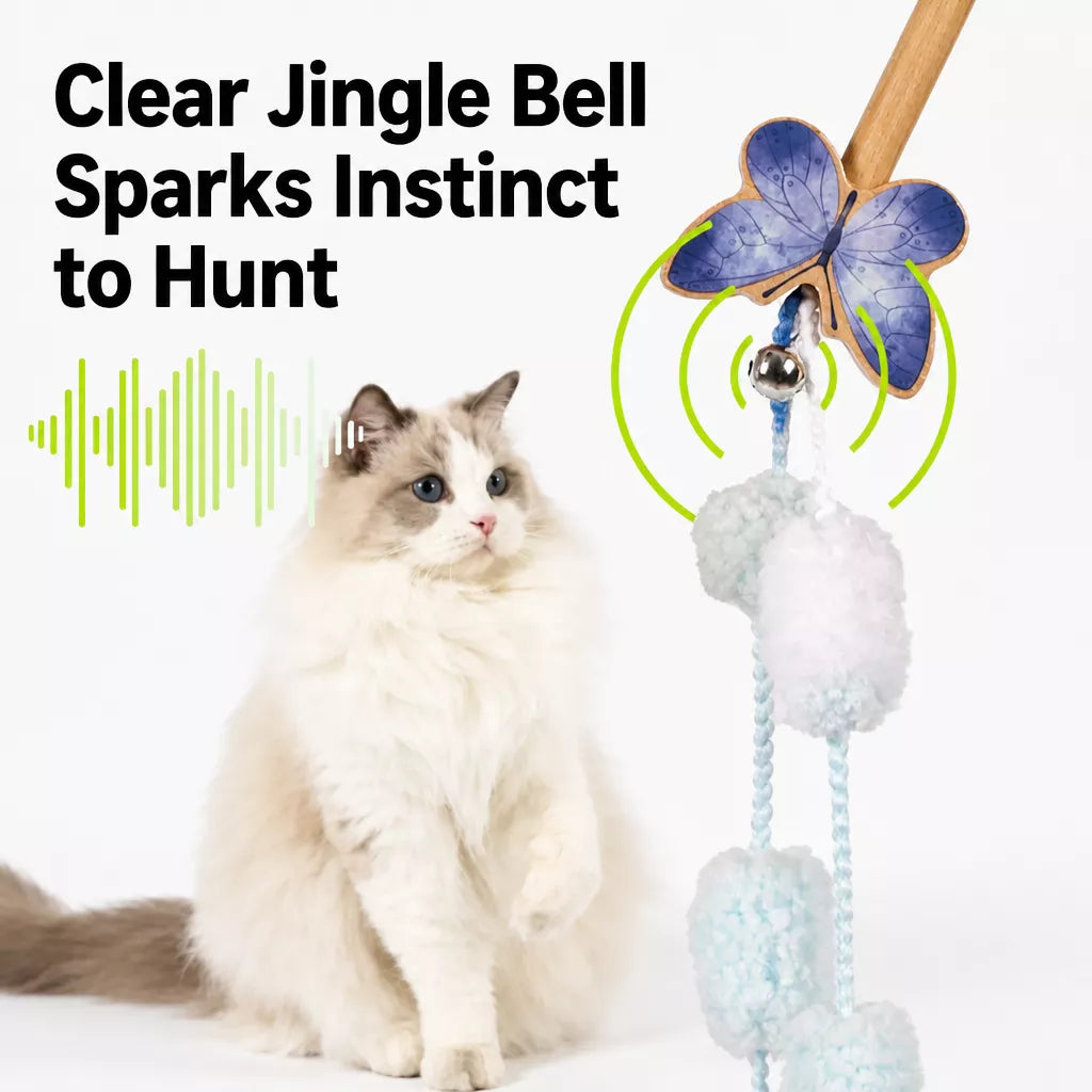 Wooden Cat Wand Toy with Bell and Feather Charms