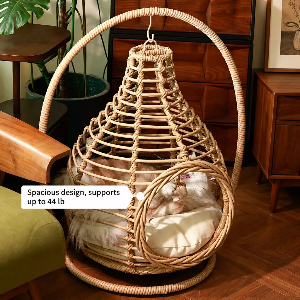Handwoven Rattan Hanging Pet Bed with Cushion