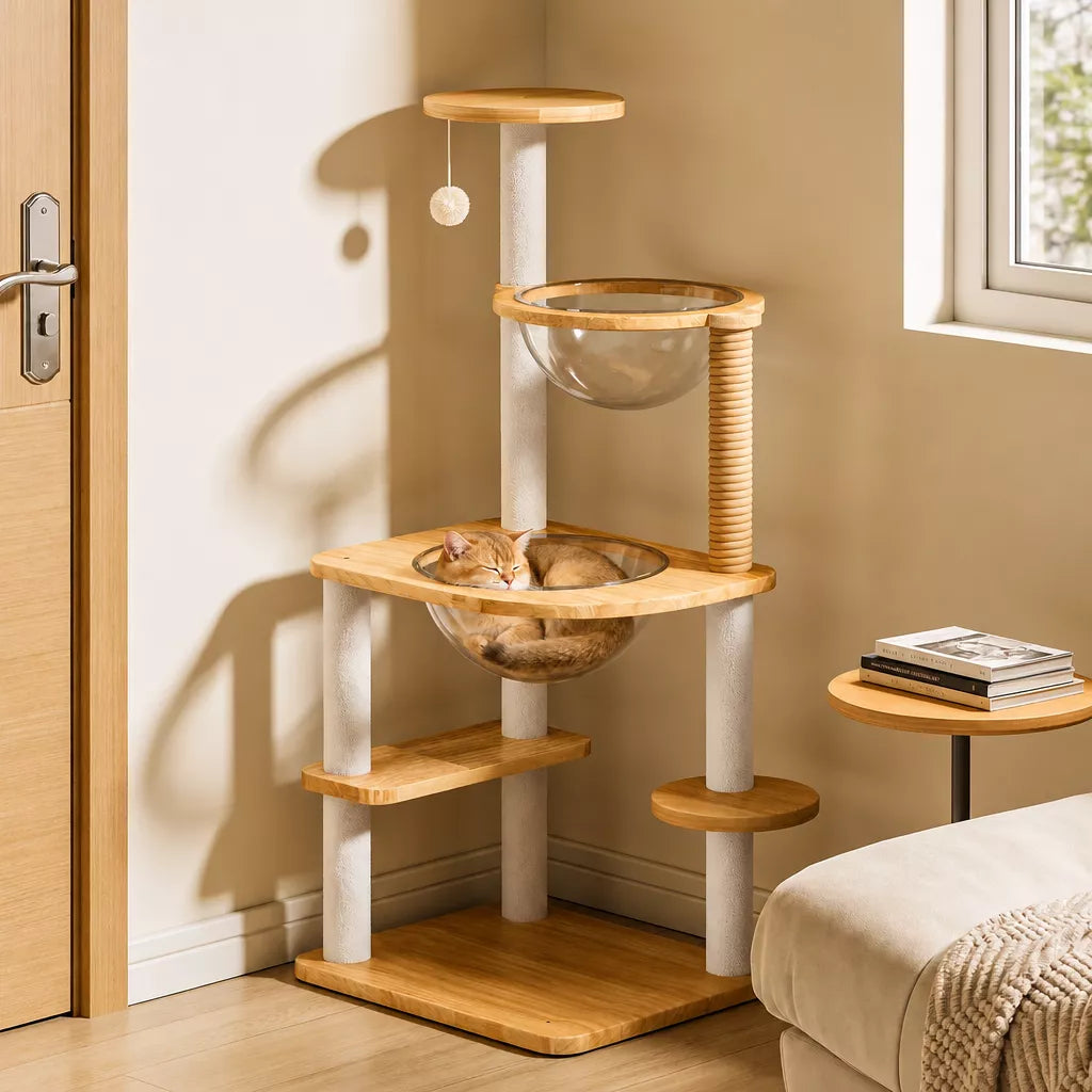 Solid Wood Cat Tree with Enclosed Cat Spaces and Platforms