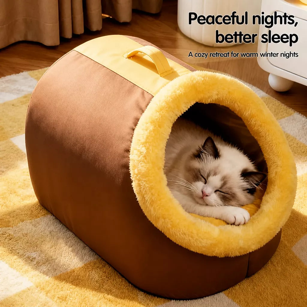 Enclosed Plush Pet Bed with Carry Handle for Cats and Small Dogs